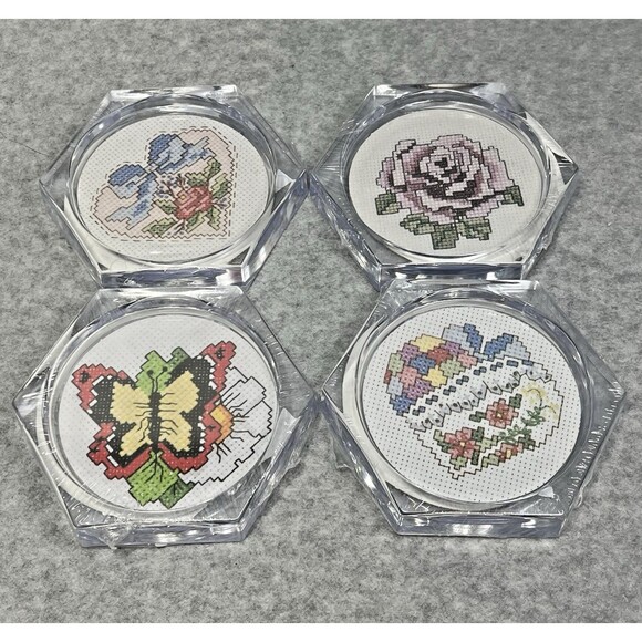 Vtg Acrylic Coasters MCG Textiles Cross Stitch Kit Butterfly Heart Rose Lot Of 4 - Picture 1 of 15